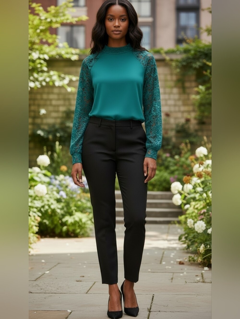 Susan Graver Teal Mock Neck Knit Top Floral Lace Raglan Long Sleeve Large